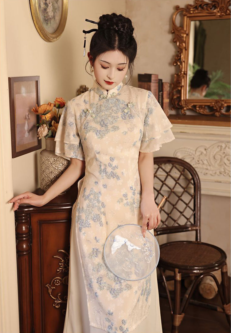 Floral Apricot Fake Two Cheongsam