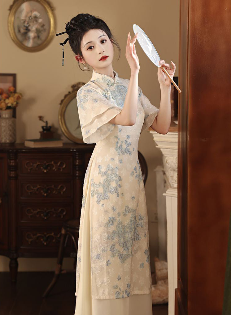 Floral Apricot Fake Two Cheongsam