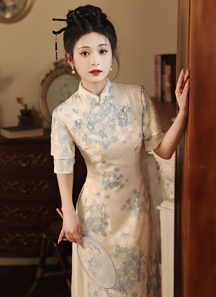 Floral Apricot Fake Two Cheongsam