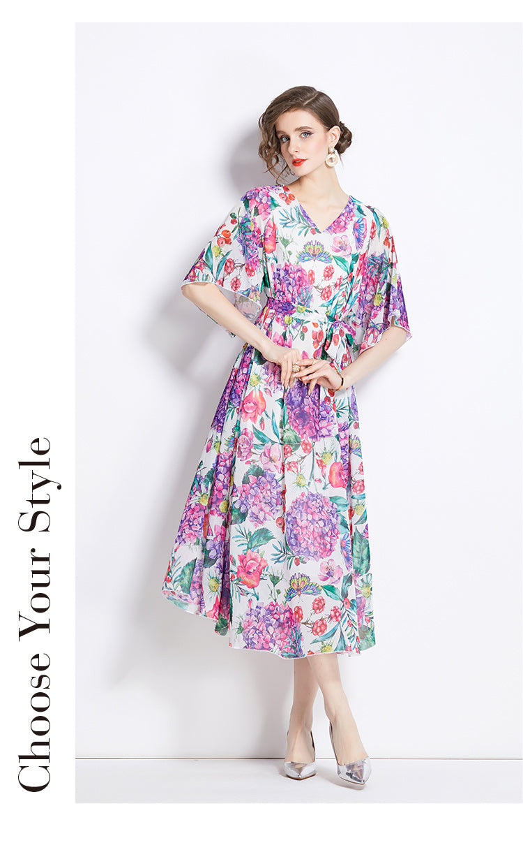 Purple V-neck Gentle Tencel Floral Elegant Drape Dress