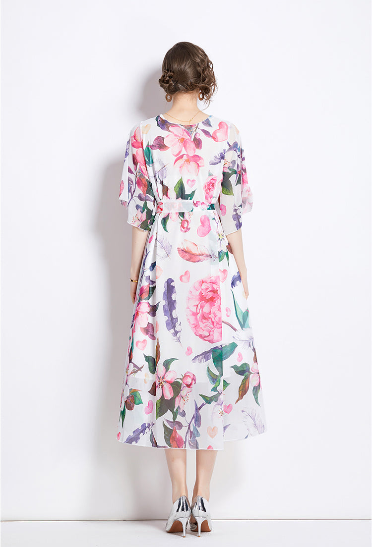Pink V-neck Gentle Tencel Floral Elegant Drape Dress
