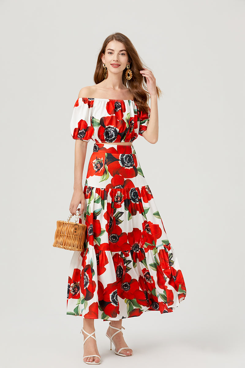 Floral Off Shoulder Crop Top + High Waist Skirt Two Pieces Set