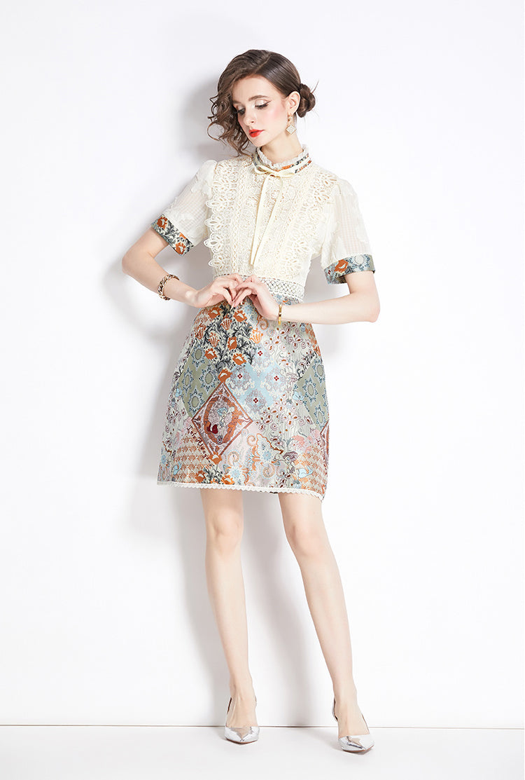 Retro Lace Stitching Crochet Hollow Jacquard Mini Dress