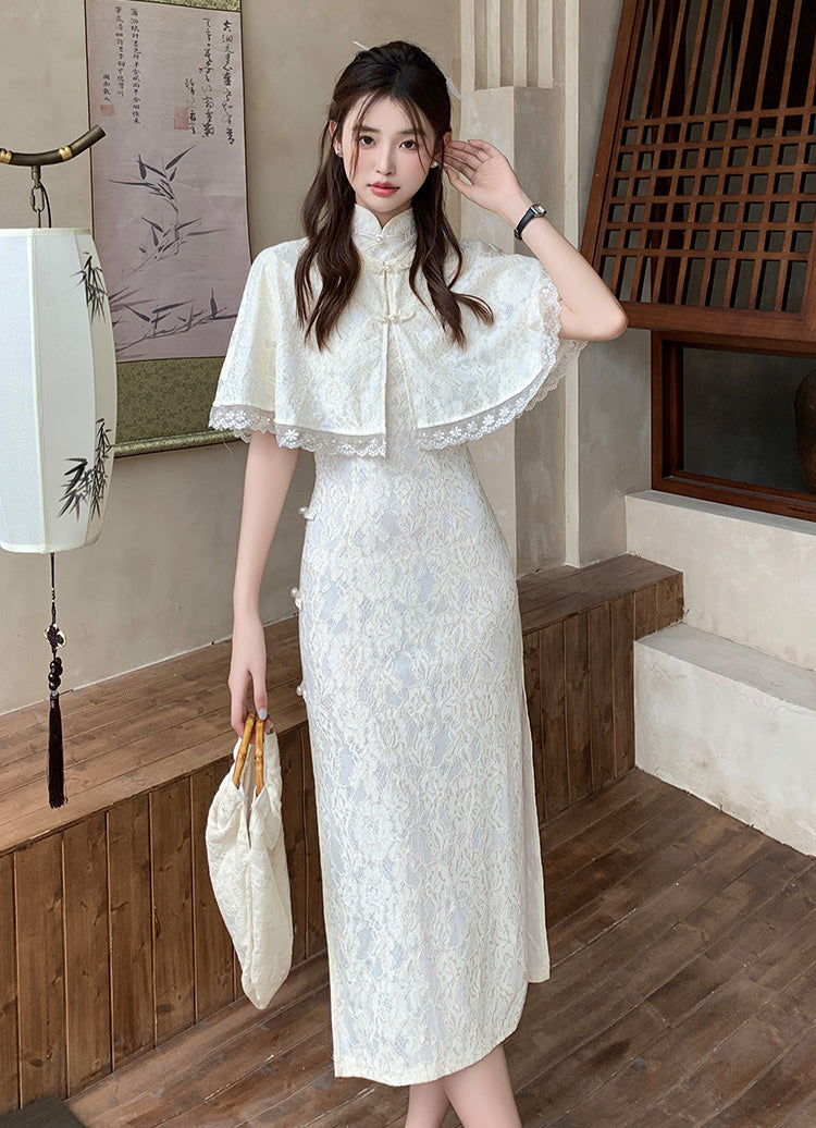 Off White Lace Cheongsam Mid-length Dress