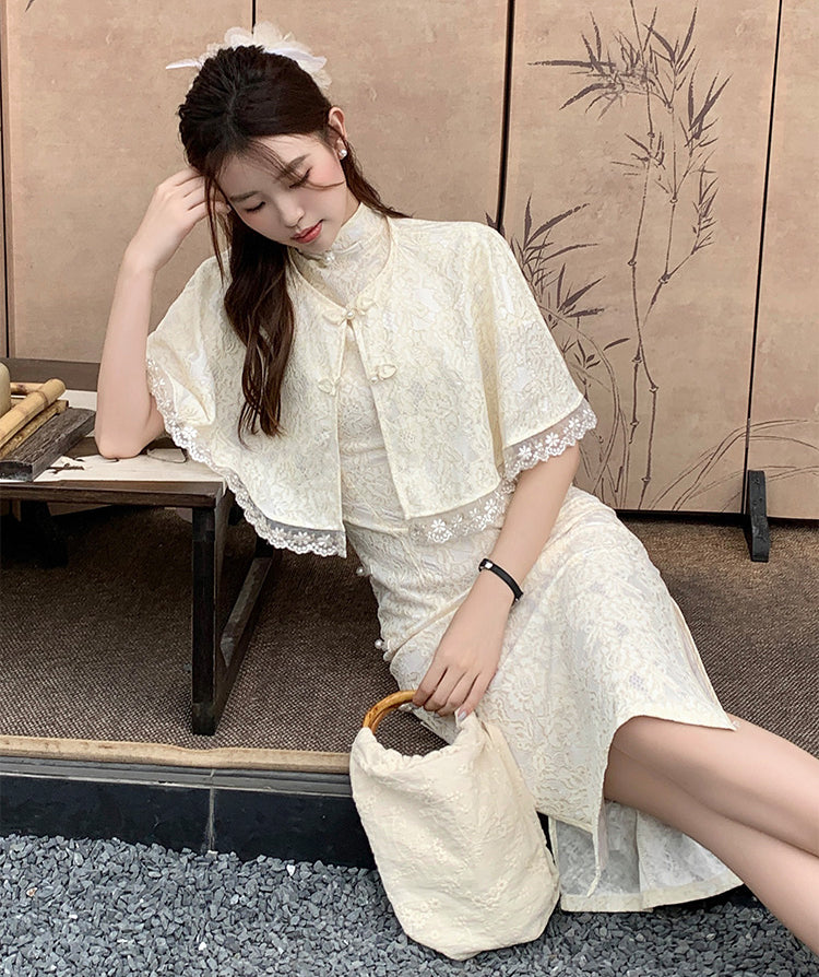 Off White Lace Cheongsam Mid-length Dress