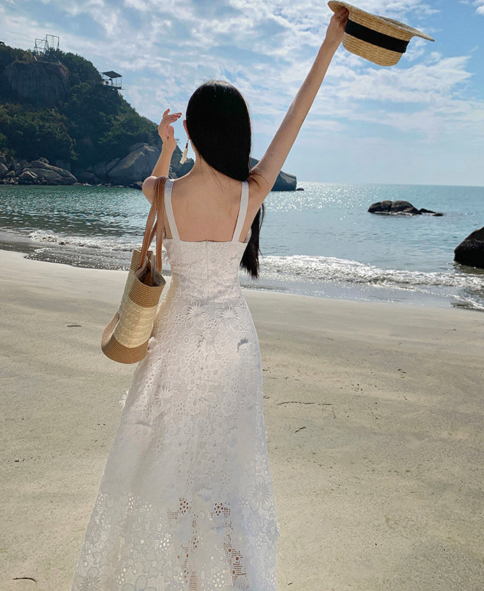 White Seaside Strap Fairy Long Dress