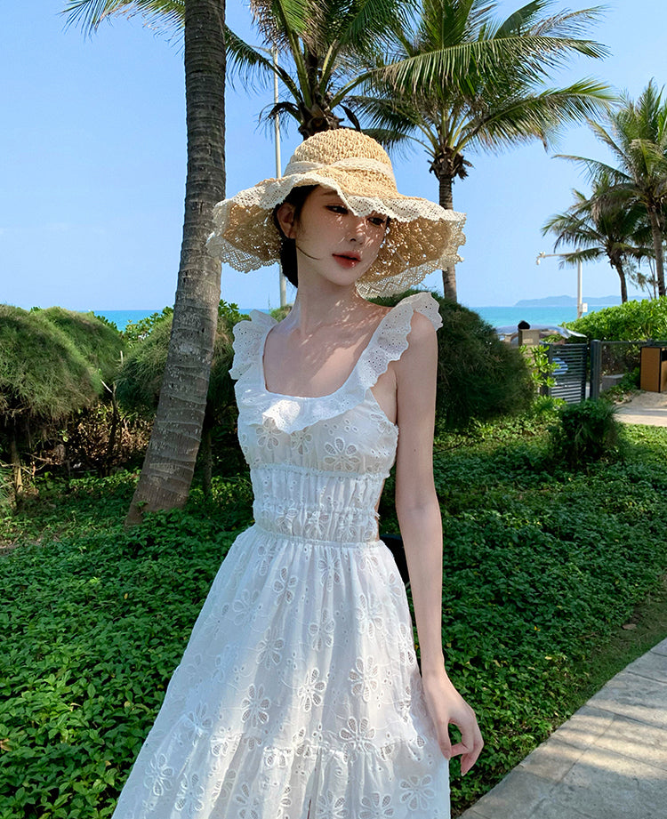 Off White Backless Ruffled Square Neck Embroidered Dress