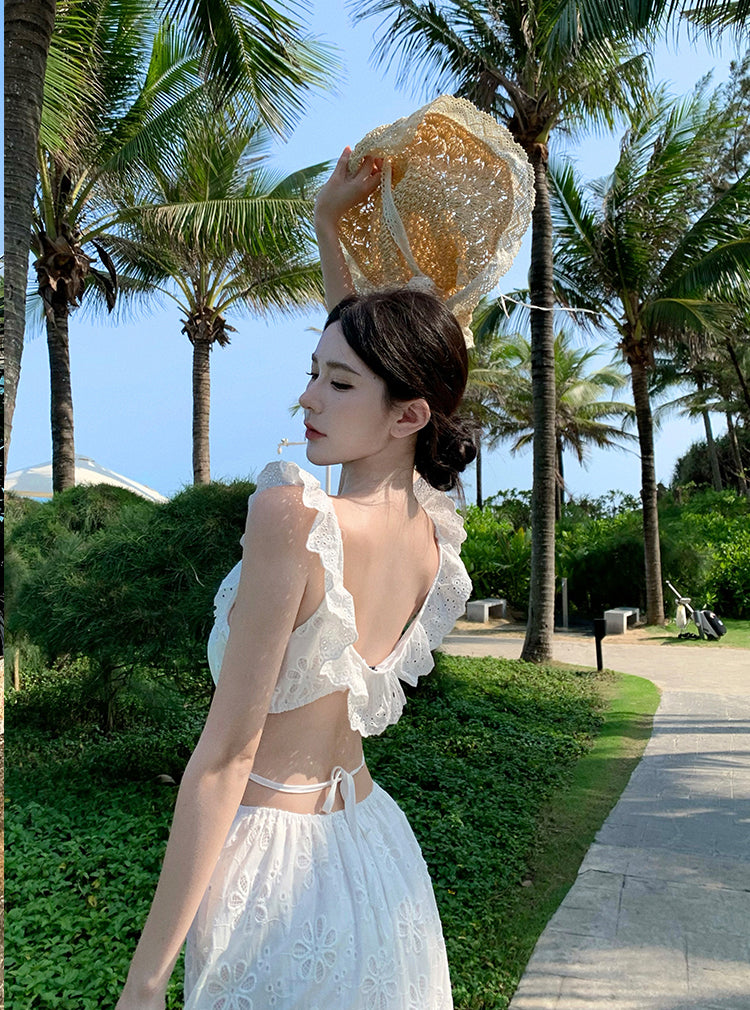 Off White Backless Ruffled Square Neck Embroidered Dress