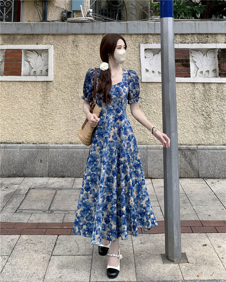 Square Neck Retro Blue Floral Dress