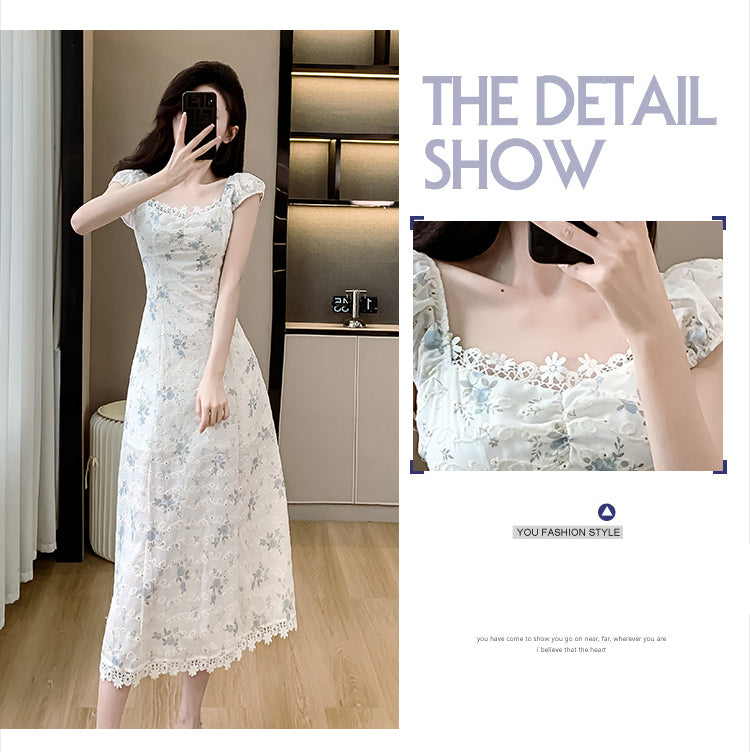 White Floral Square Neck Mid-length Dress
