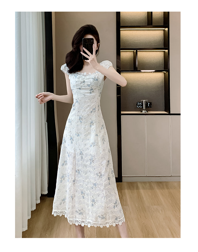 White Floral Square Neck Mid-length Dress
