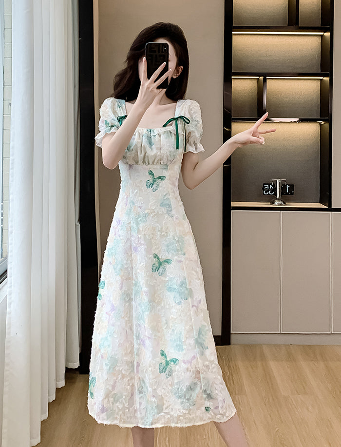 Floral Texture Embroidered A-line Square Neck Mid-length Dress