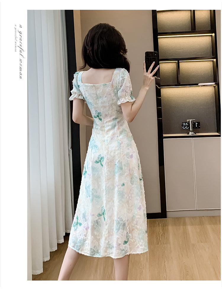 Floral Texture Embroidered A-line Square Neck Mid-length Dress