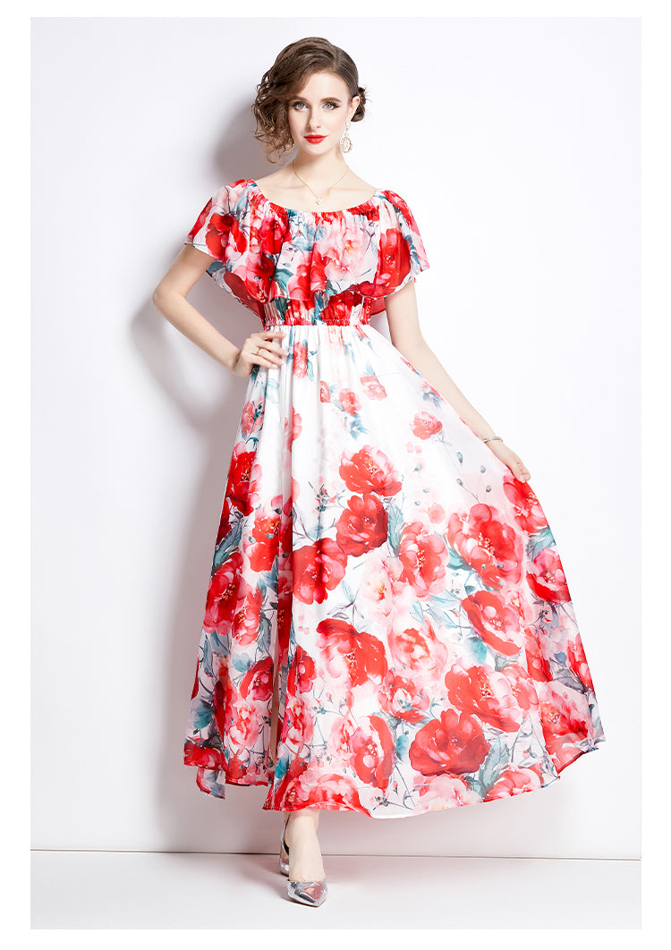 Red Floral Ruffled One-line Neckline Chiffon Beach Dress