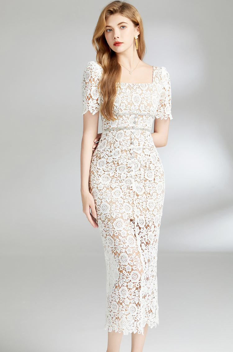 Off White Hollow Square Collar Hook Flower Lace Dress