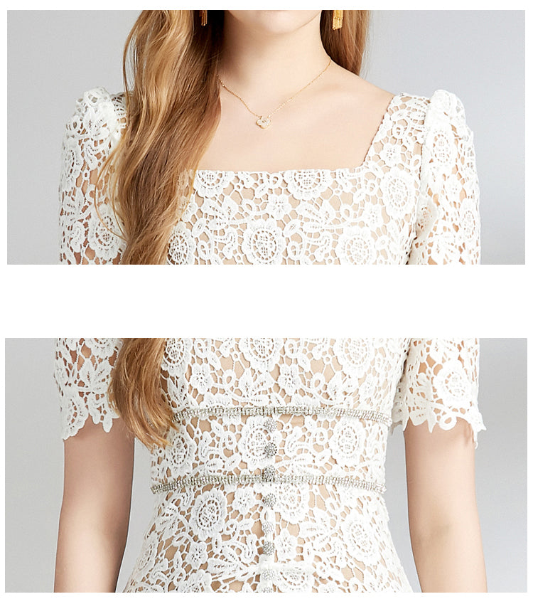 Off White Hollow Square Collar Hook Flower Lace Dress