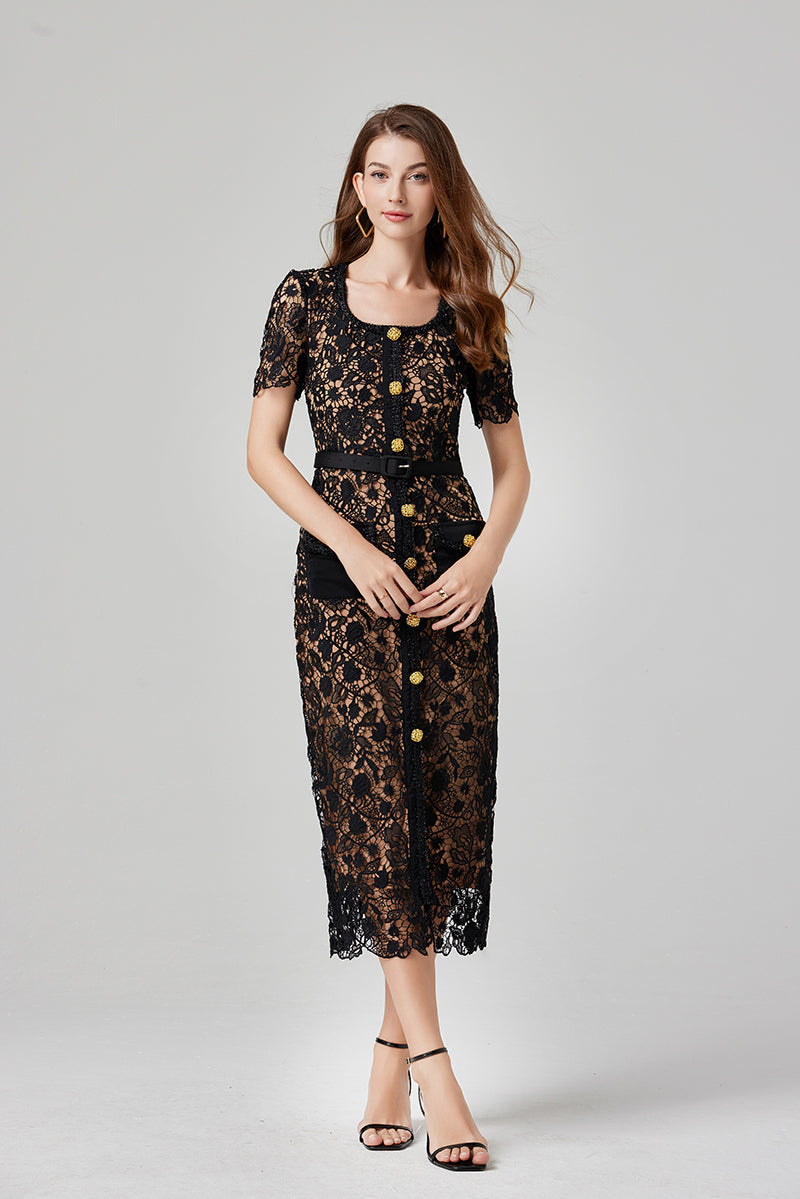Square Collar Hook Flower Lace Mid-length Dress