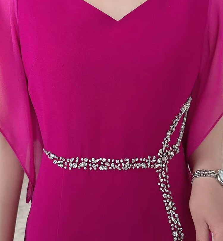 Elegant Customized Diamond Beads Slim Lotus Leaf Sleeve Banquet Dress