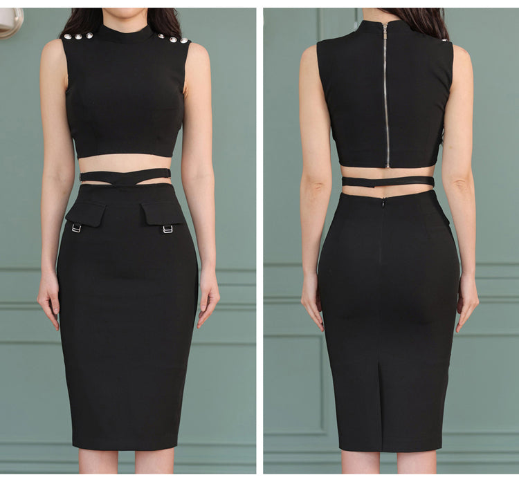 Black Crop Top + High Waist Skirt Two Pieces Set