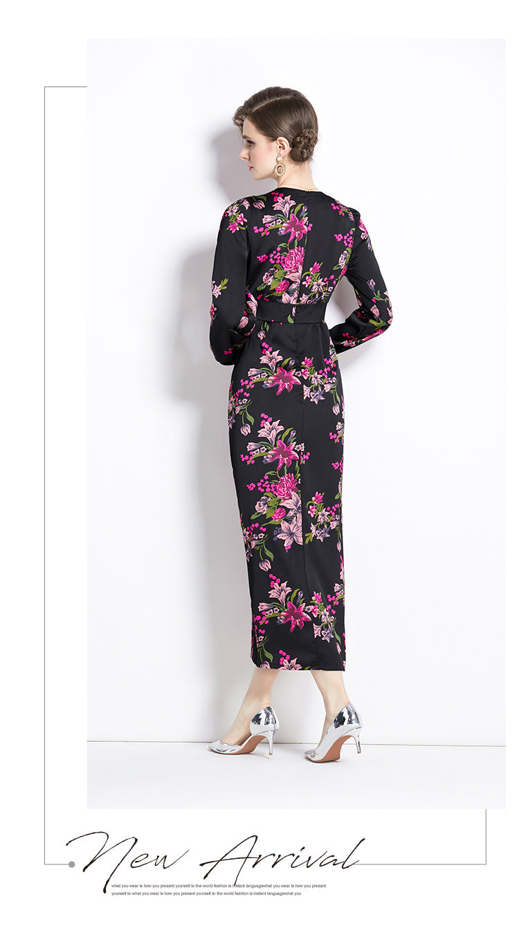 Elegant Black Floral V-neck Slit Dress