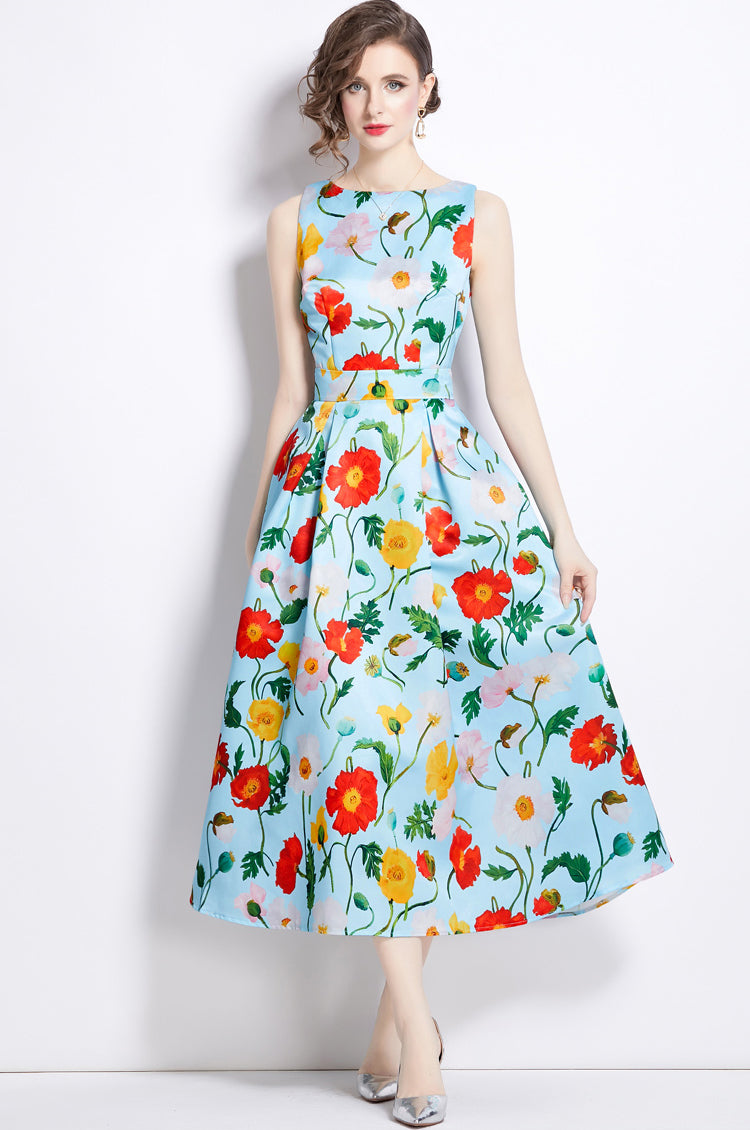 Blue Floral Sleeveless High-waist Three-dimensional Cut A-line Dress