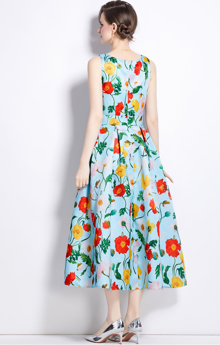Blue Floral Sleeveless High-waist Three-dimensional Cut A-line Dress