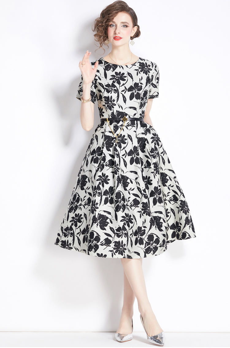 Black And White Floral Round Neck A-line Dress