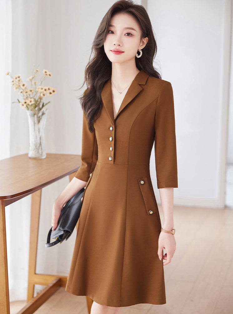 Suit Collar Three-quarter Sleeve Office Wear Dress