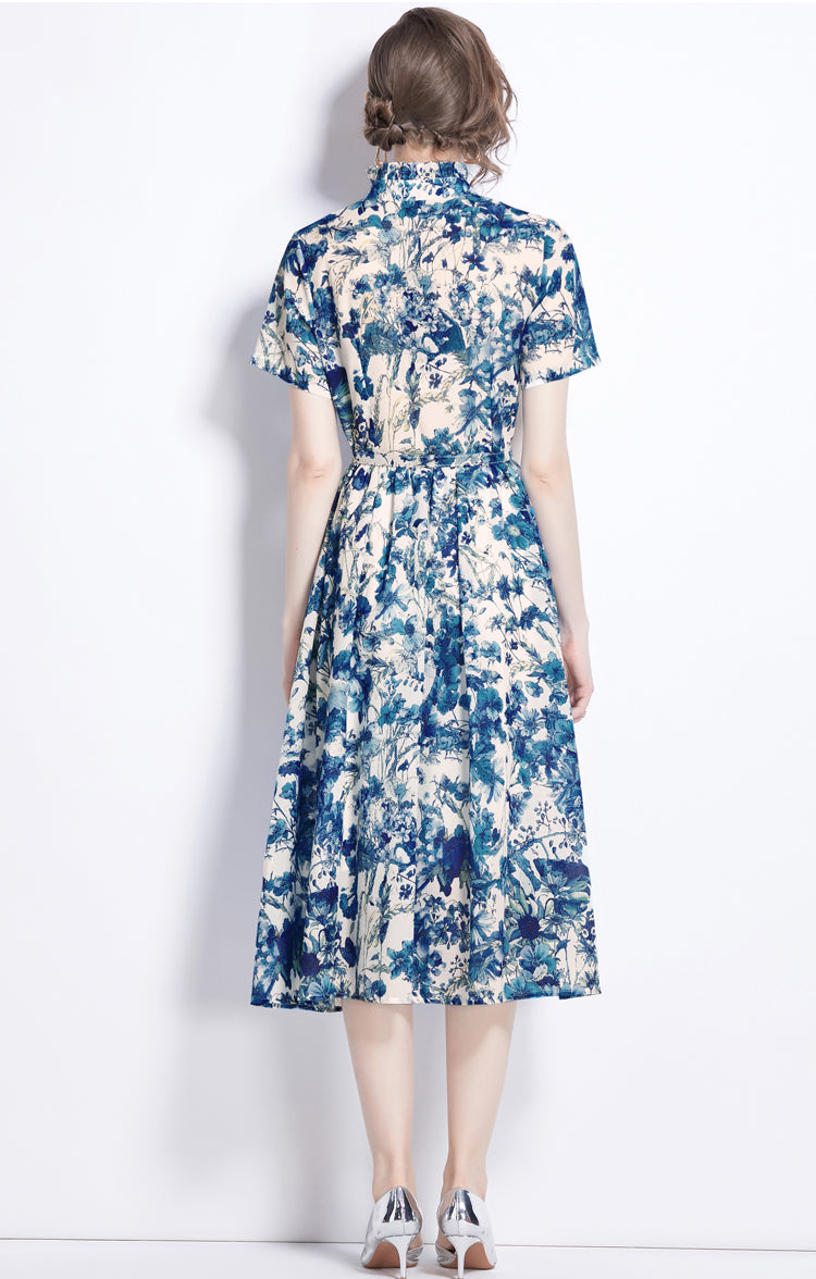 Blue Floral Short Sleeve A-line Dress