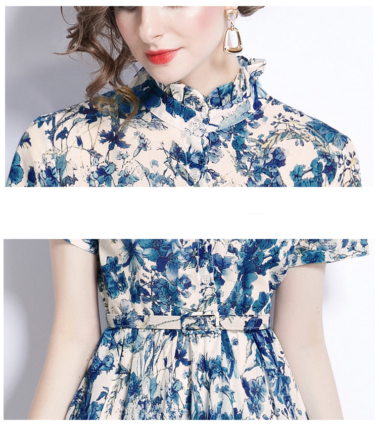 Blue Floral Short Sleeve A-line Dress