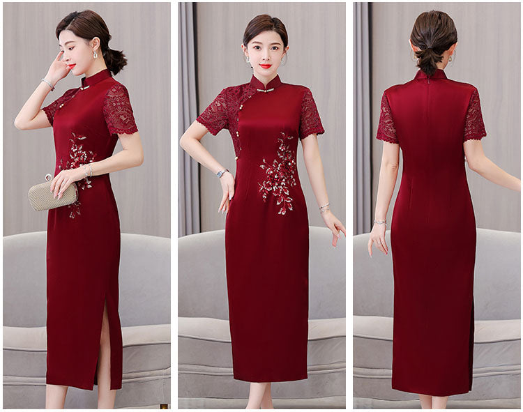 Claret Red Lace Stitching Elegant Cheongsam Banquet Dresss