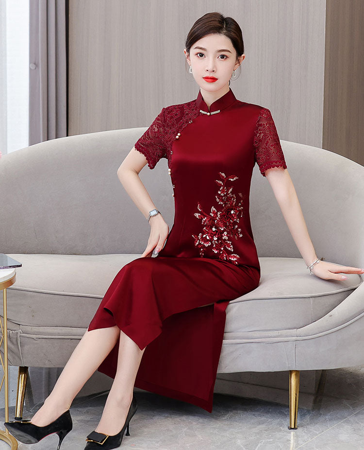 Claret Red Lace Stitching Elegant Cheongsam Banquet Dresss