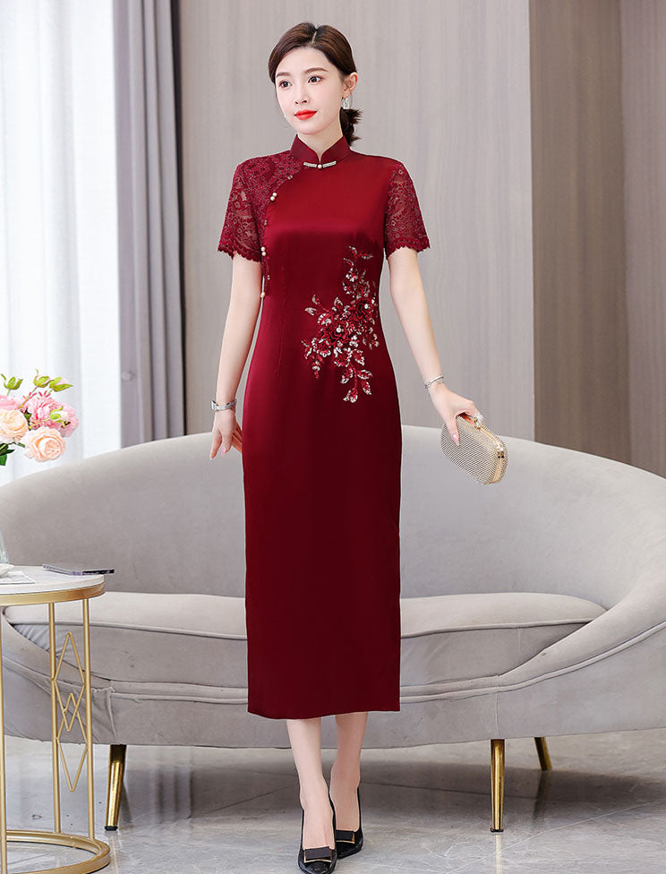 Claret Red Lace Stitching Elegant Cheongsam Banquet Dresss