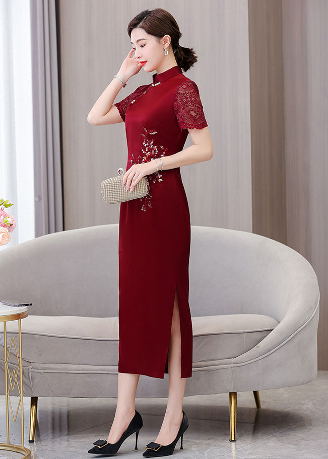 Claret Red Lace Stitching Elegant Cheongsam Banquet Dresss