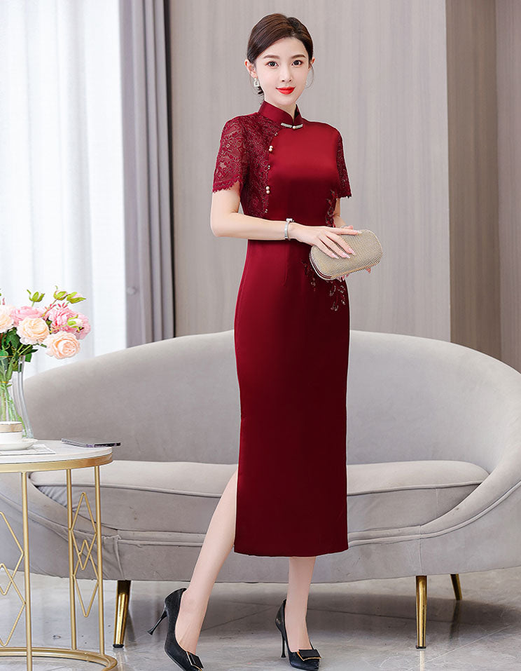 Claret Red Lace Stitching Elegant Cheongsam Banquet Dresss