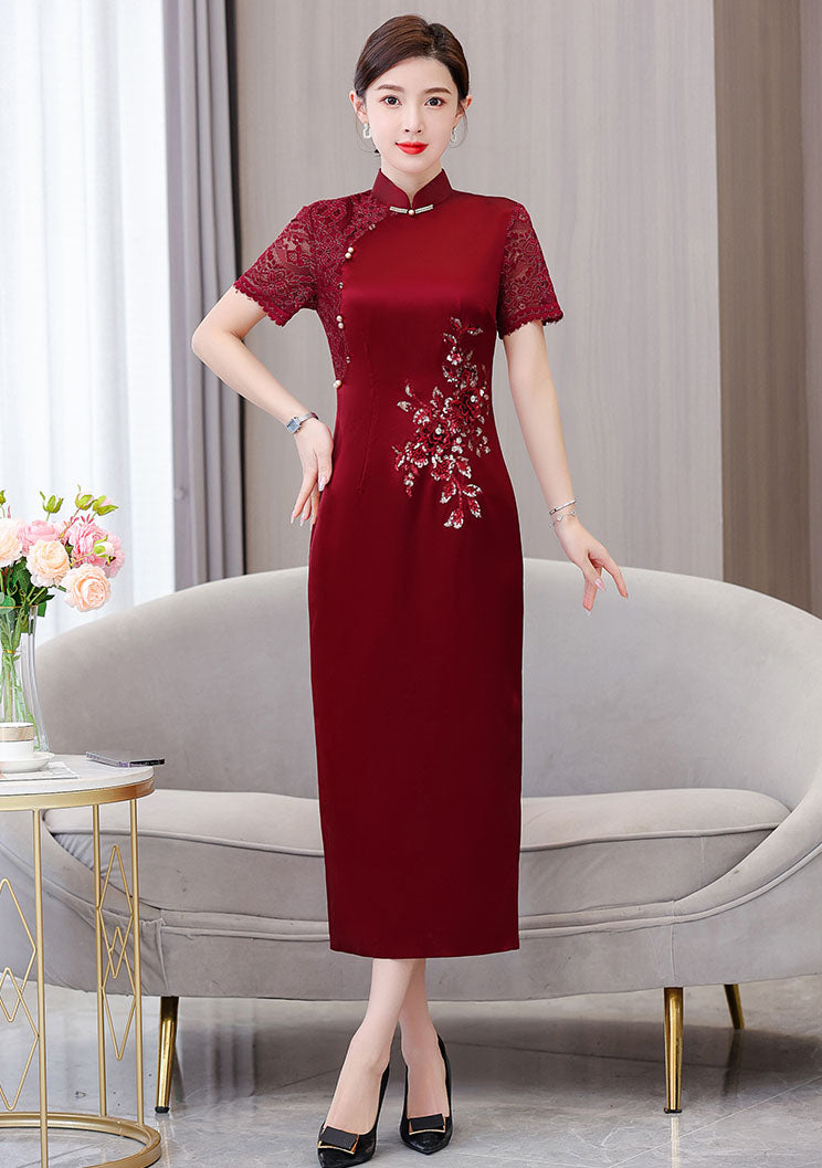 Claret Red Lace Stitching Elegant Cheongsam Banquet Dresss