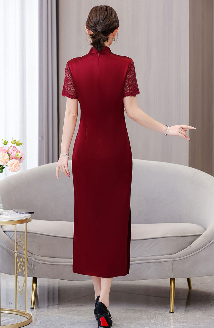 Claret Red Lace Stitching Elegant Cheongsam Banquet Dresss