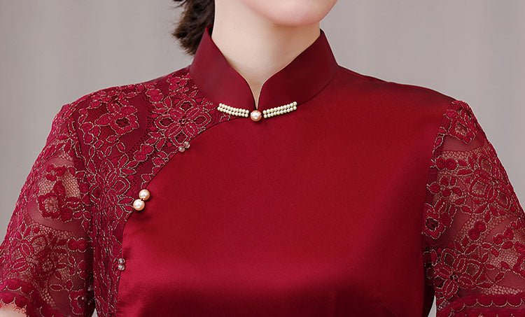 Claret Red Lace Stitching Elegant Cheongsam Banquet Dresss