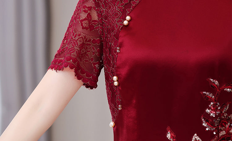 Claret Red Lace Stitching Elegant Cheongsam Banquet Dresss