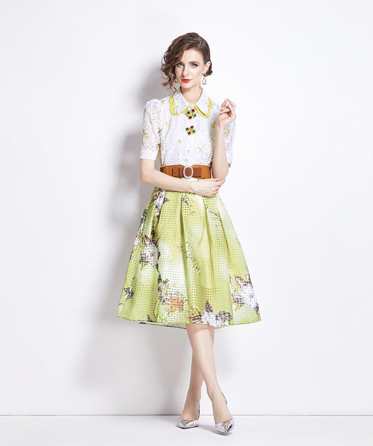 White Lace Shirt  + Yellow Flower Print Skirt Two Pieces Set