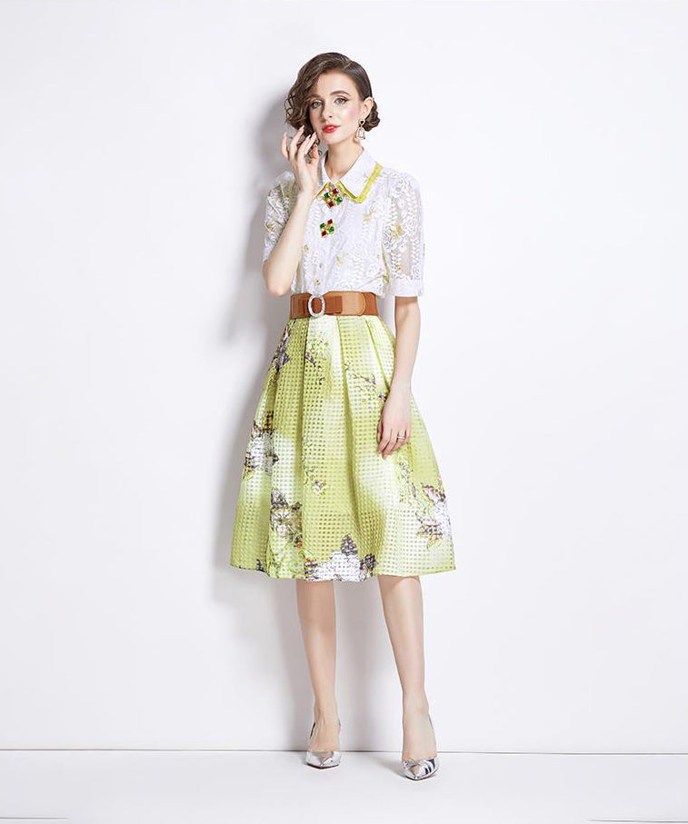 White Lace Shirt  + Yellow Flower Print Skirt Two Pieces Set