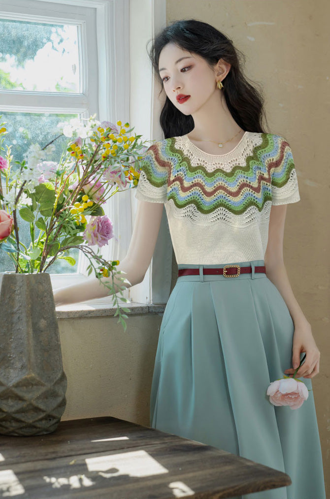 Gentle Knit Stripe Sweater Top + High Waisted Skirt Two Pieces Set