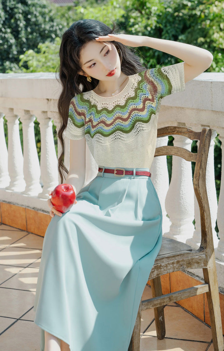 Gentle Knit Stripe Sweater Top + High Waisted Skirt Two Pieces Set