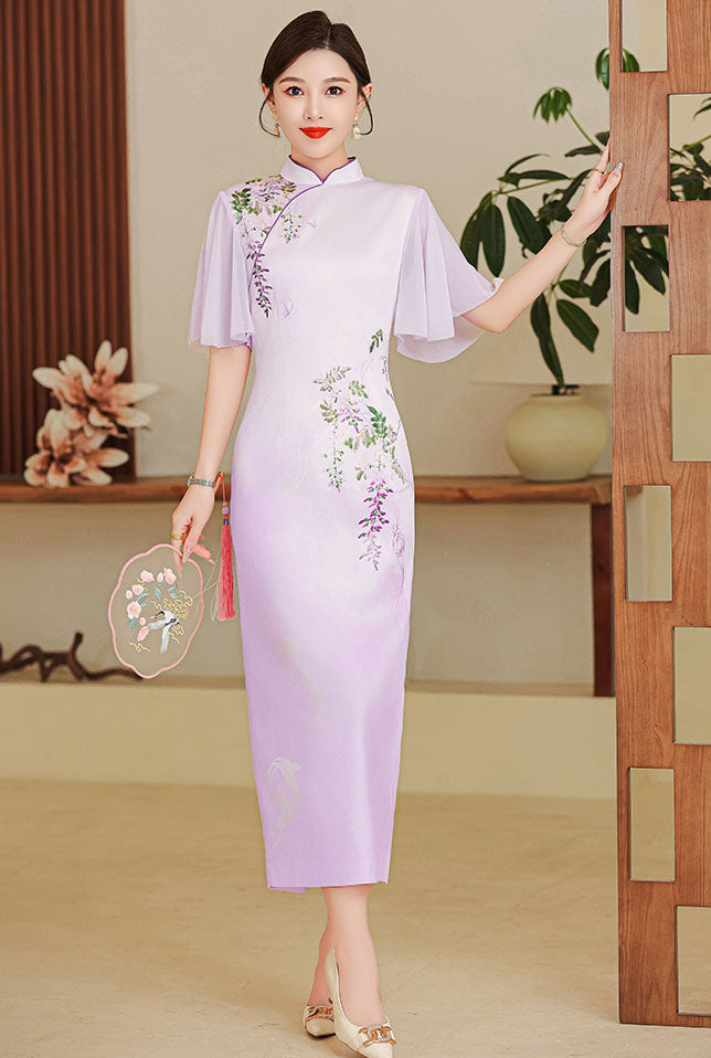 Elegant Flower Lotus Sleeves Cheongsam