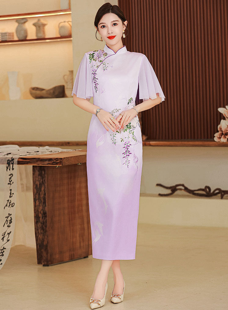 Elegant Flower Lotus Sleeves Cheongsam