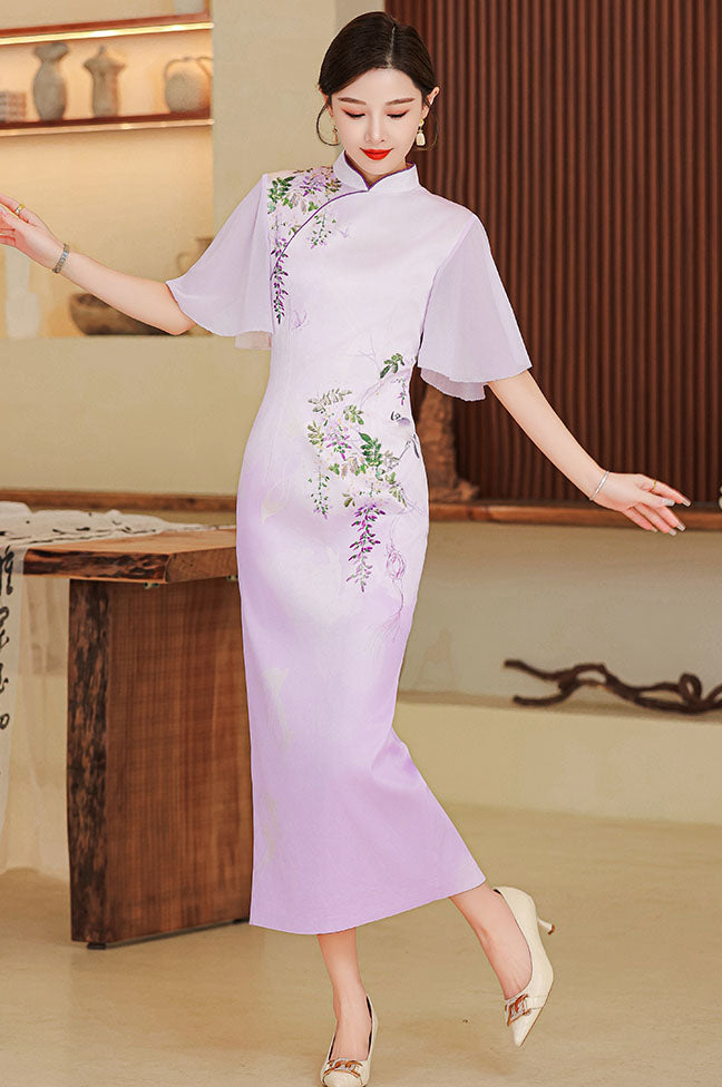 Elegant Flower Lotus Sleeves Cheongsam