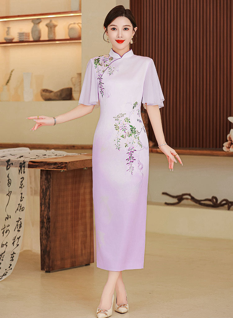 Elegant Flower Lotus Sleeves Cheongsam