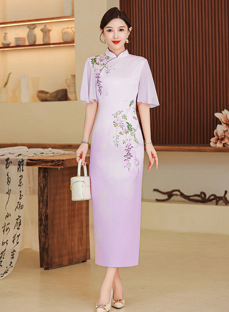 Elegant Flower Lotus Sleeves Cheongsam