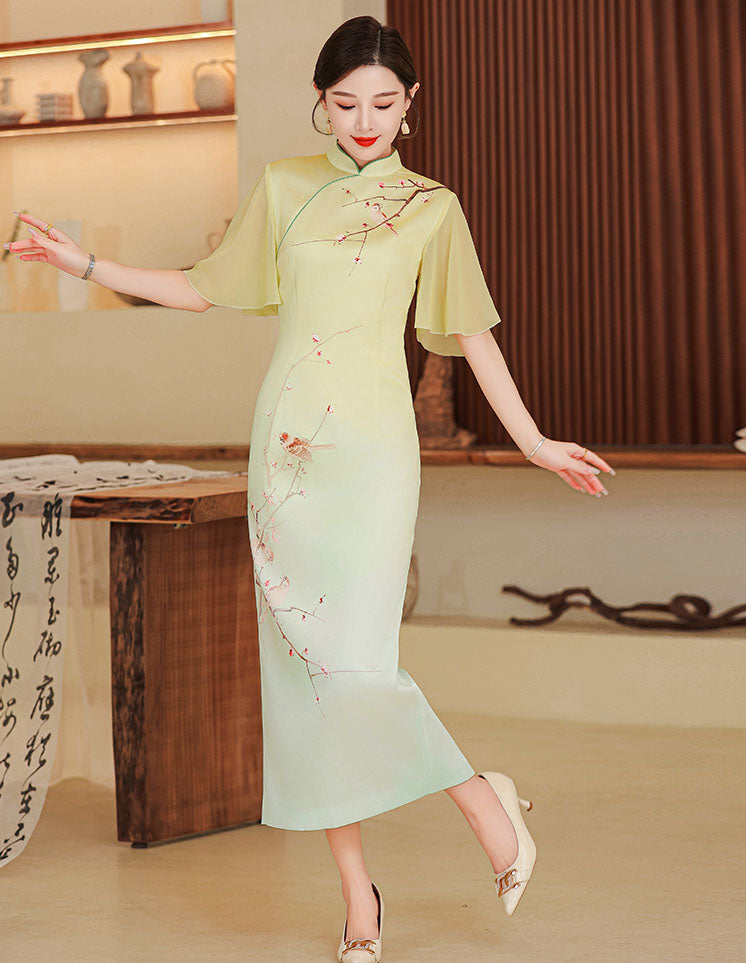 Elegant Flower Lotus Sleeves Cheongsam