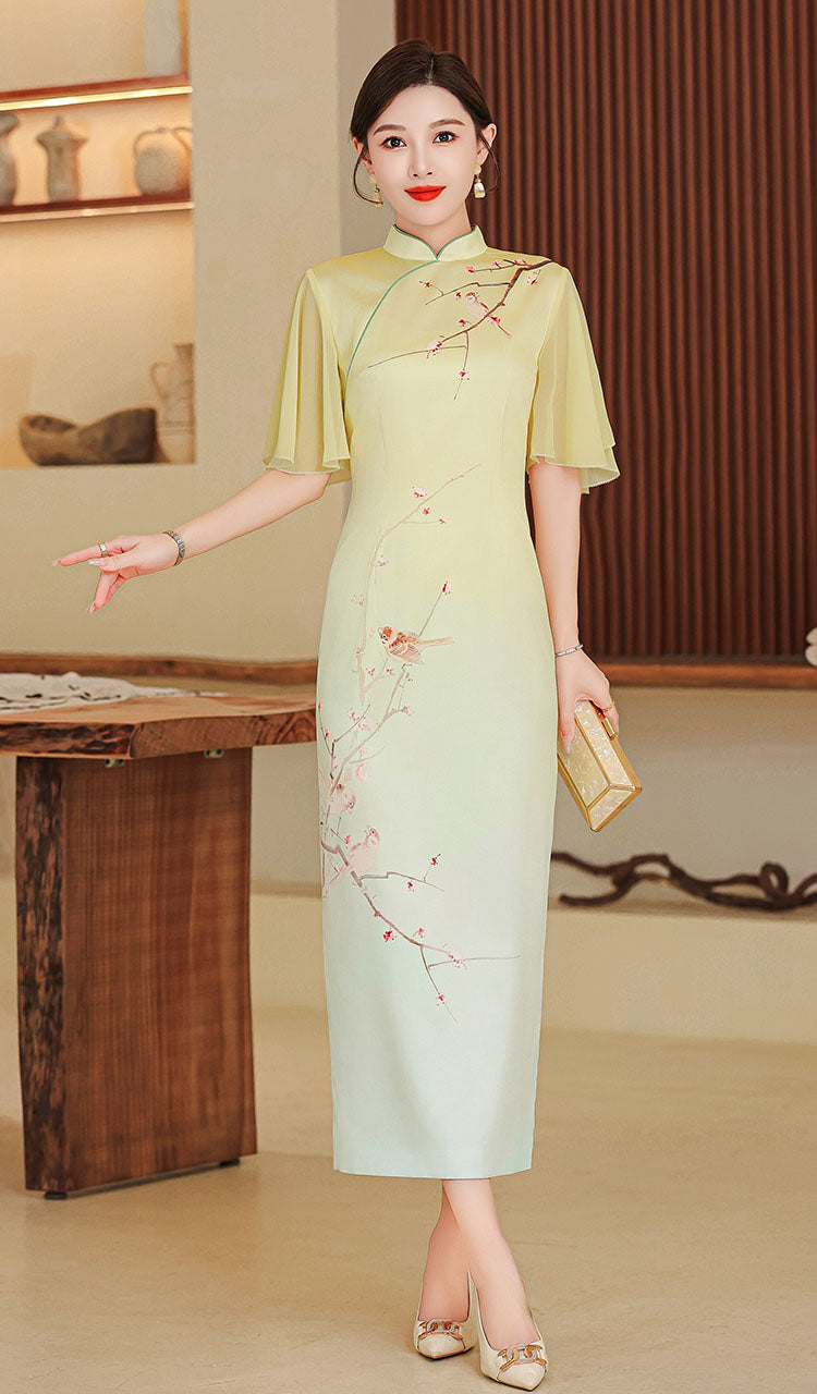 Elegant Flower Lotus Sleeves Cheongsam